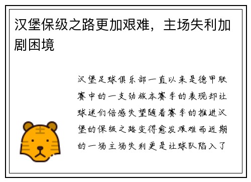 汉堡保级之路更加艰难，主场失利加剧困境