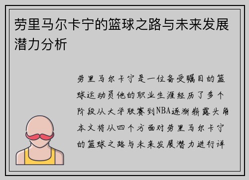 劳里马尔卡宁的篮球之路与未来发展潜力分析