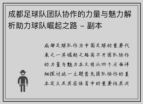 成都足球队团队协作的力量与魅力解析助力球队崛起之路 - 副本