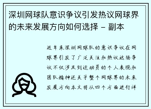 深圳网球队意识争议引发热议网球界的未来发展方向如何选择 - 副本