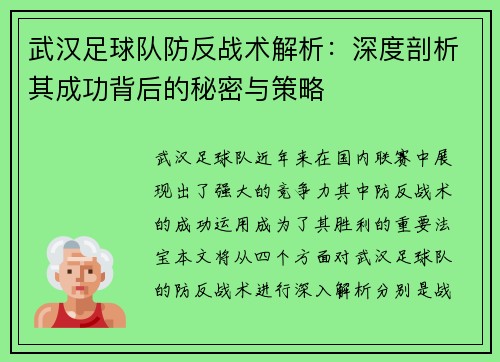 武汉足球队防反战术解析：深度剖析其成功背后的秘密与策略
